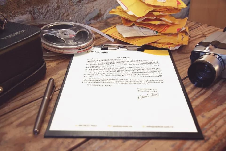 A printed document on a clipboard on a wooden desk